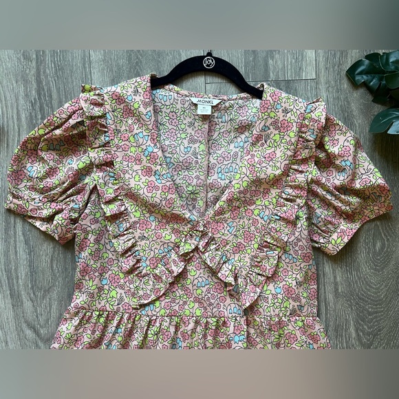 Monki floral print tiered midi dress w statement collar in multi floral print XS - Picture 7 of 15